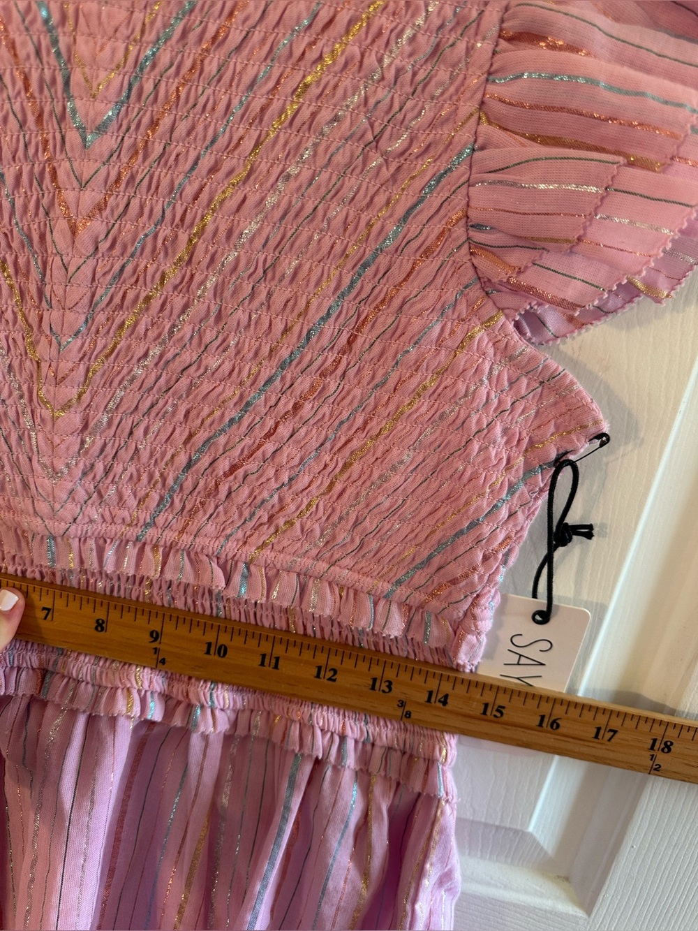 SAYLOR Med Feminine Romantic Zinnia Lavender Metallic Cotton Smocked Mini Dress - Picture 12 of 16